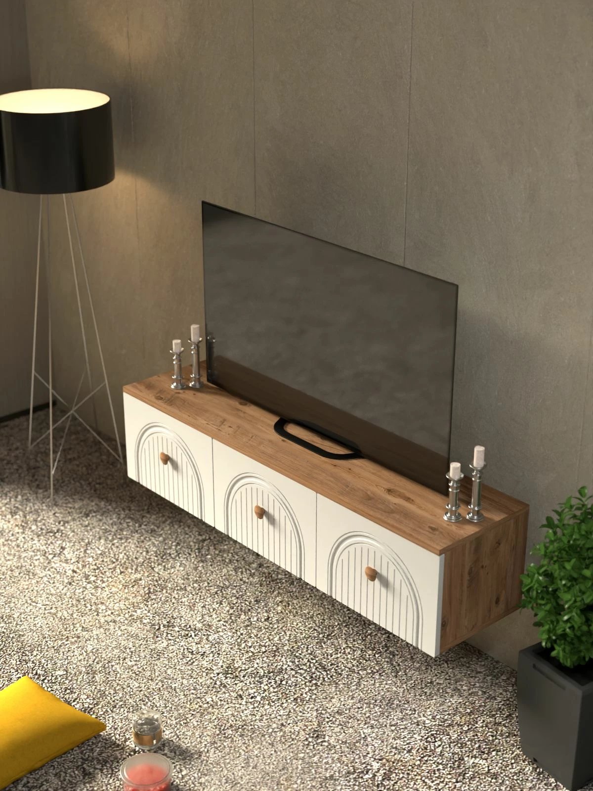 Komodë TV Skye Decor, Lunera 135, ngjyrë Atlantic Pine dhe e bardhë