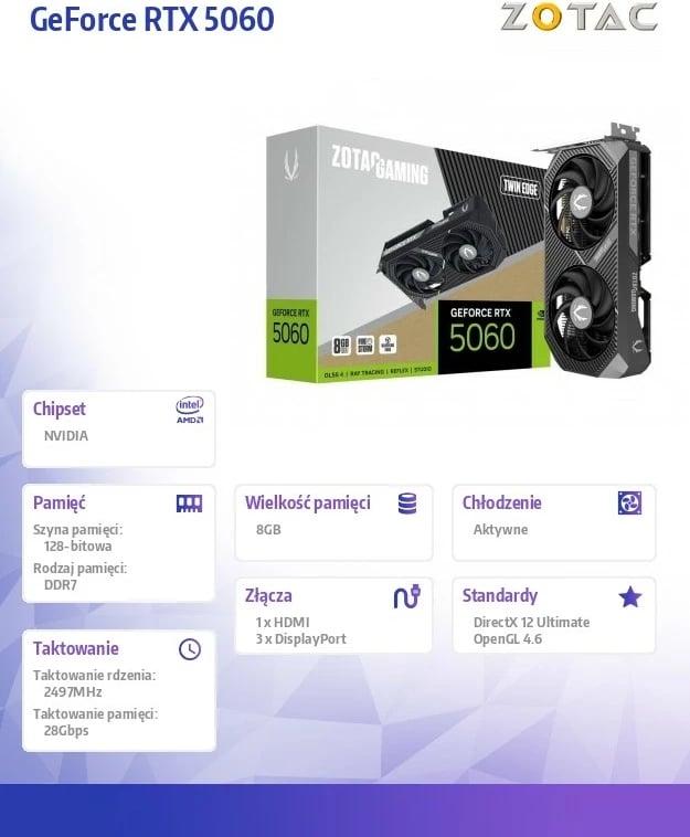 Kartë grafike, ZOTAC GeForce RTX 5060 Twin Edge ZT-B50600E-10M, 8GB GDDR7 128-bit, PCIe 5.0 x8, 3xDP/HDMI