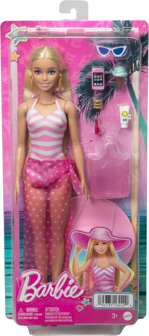 Kukull Barbie Mattel HPL73 me aksesorë plazhi, rozë