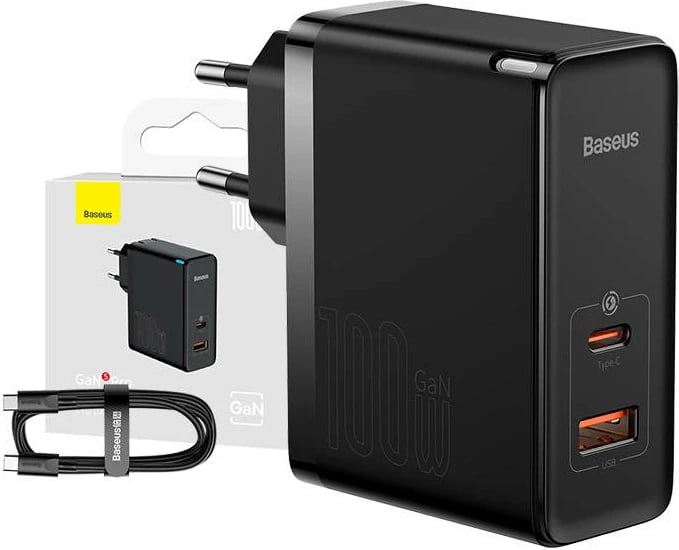 Karikues rrjeti Baseus GaN Pro Fast Charger C+U 100W me kabllo 1m, i zi