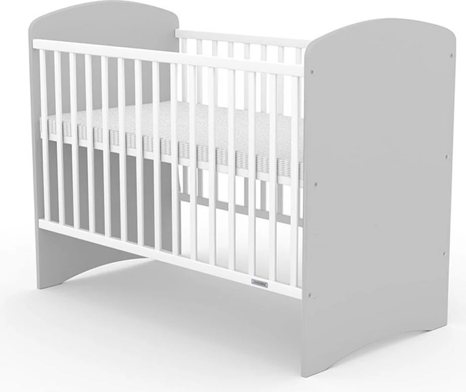 krevat për bebe, New Baby, LEO, 120x60 cm, dru pishe, 3 nivele të dyshemesë, gri-bardhë