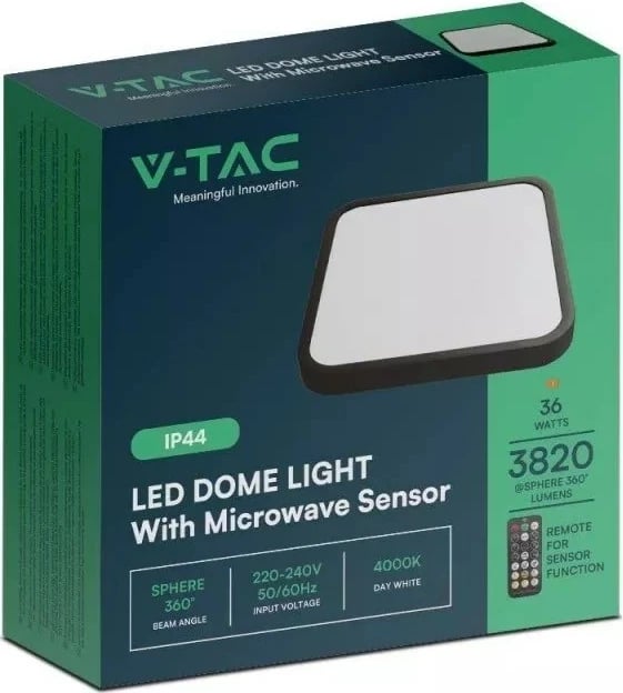 Plafond V-TAC VT-8630S, 36W LED, 42x42cm, detektor lëvizjeje, e zezë