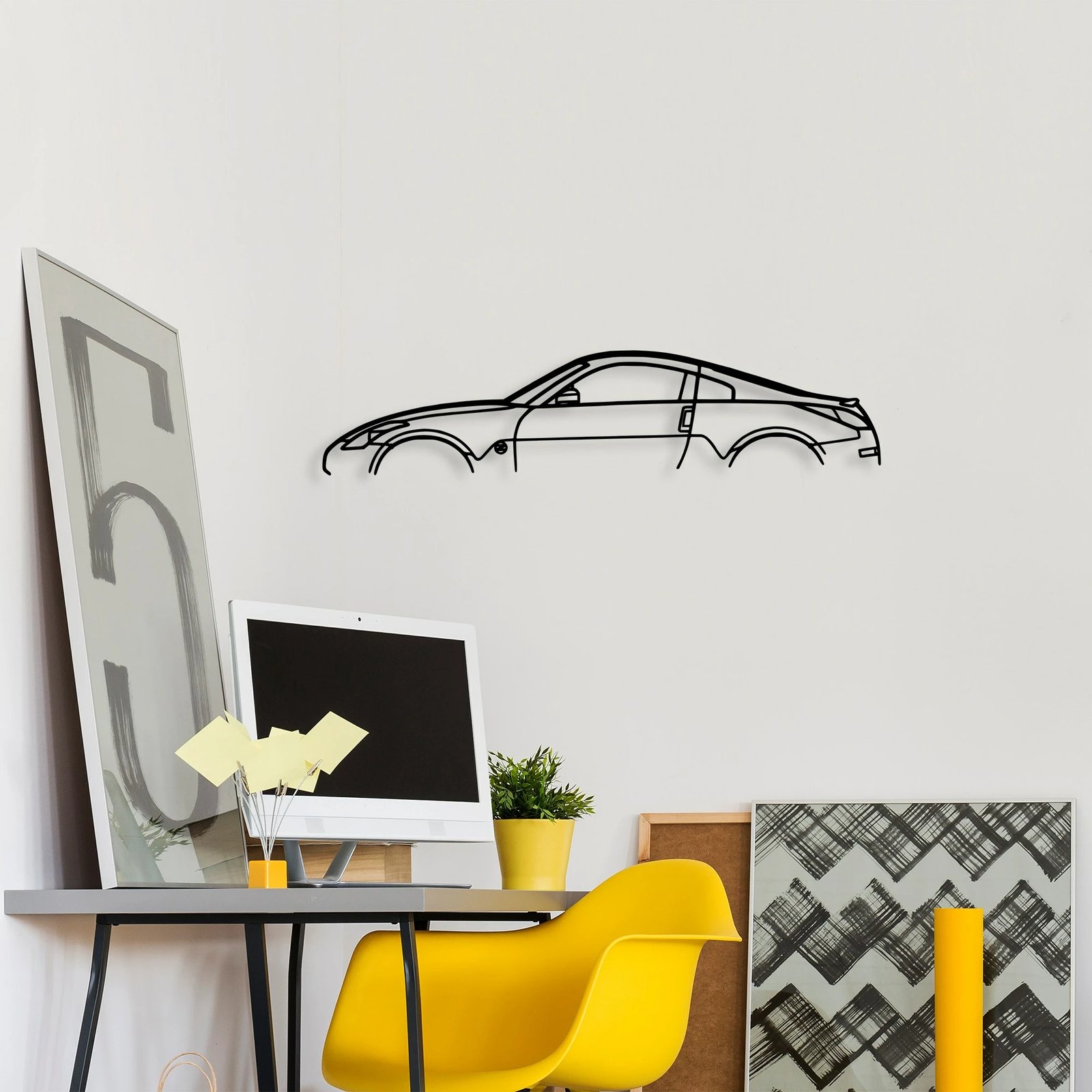 Aksesor dekorativ metalik për mur, silueta Nissan 350Z, ngjyrë e zezë, 70x15cm