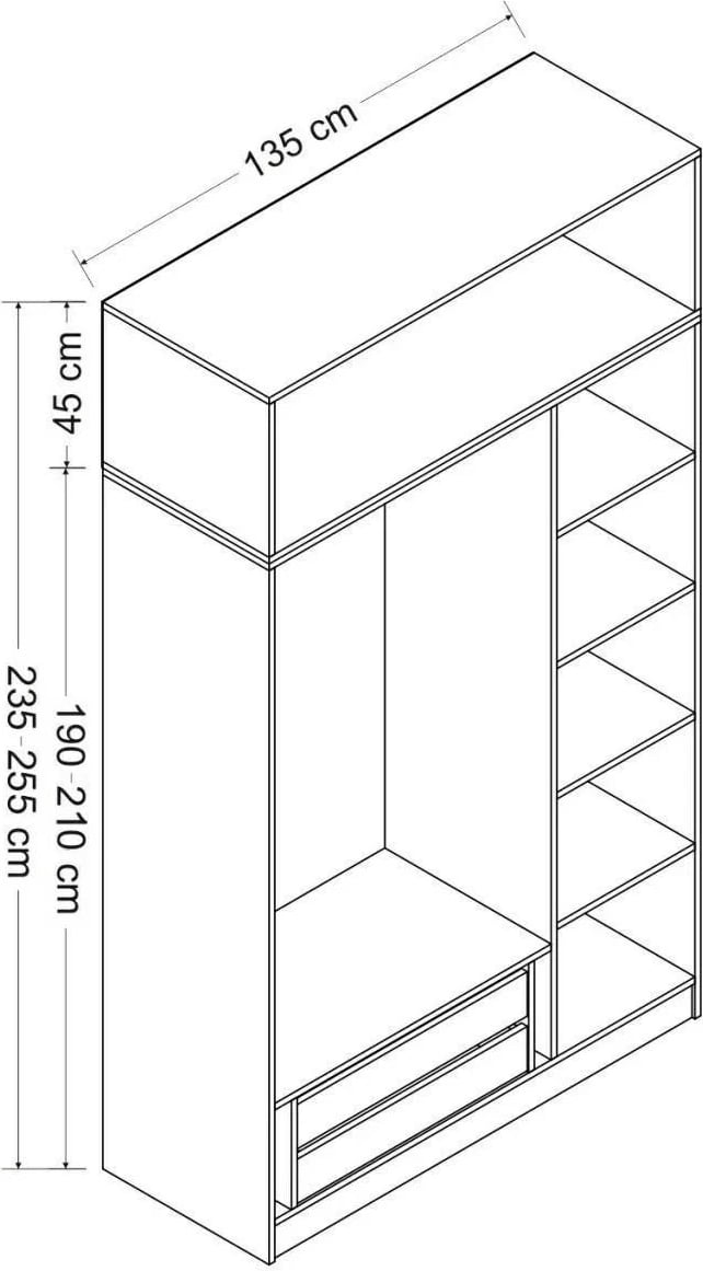 Dollap Skye Decor, 3 kapak, 2 sirtar, 255cm, bardhë-antracit