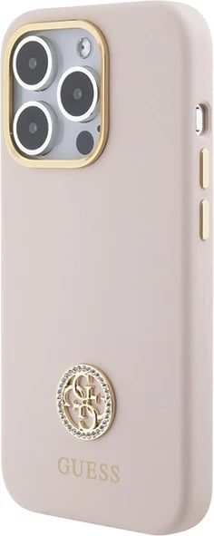 Mbështjellës Guess Silicone Logo Strass 4G për iPhone 15 Pro, rozë e çelët