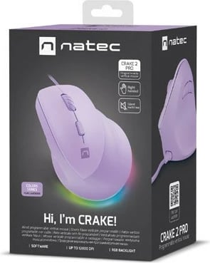 Maus vertikal Natec CRAKE 2 PRO, 12800 DPI, me kabllo, RGB, Lavandë
