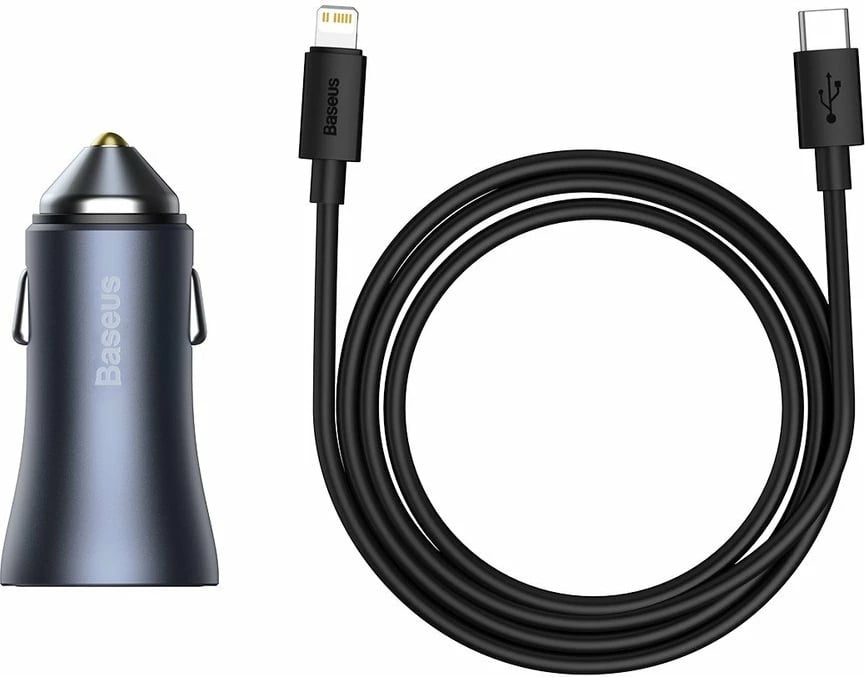 Karikues veture Baseus Golden Contactor Pro, 40W, 2 porta USB/USB-C, me kabllo USB-C në Lightning, Gri Karikues veture Baseus Golden Contactor Pro, 40W, 2 porta USB/USB-C, me kabllo USB-C në Lightning, Gri