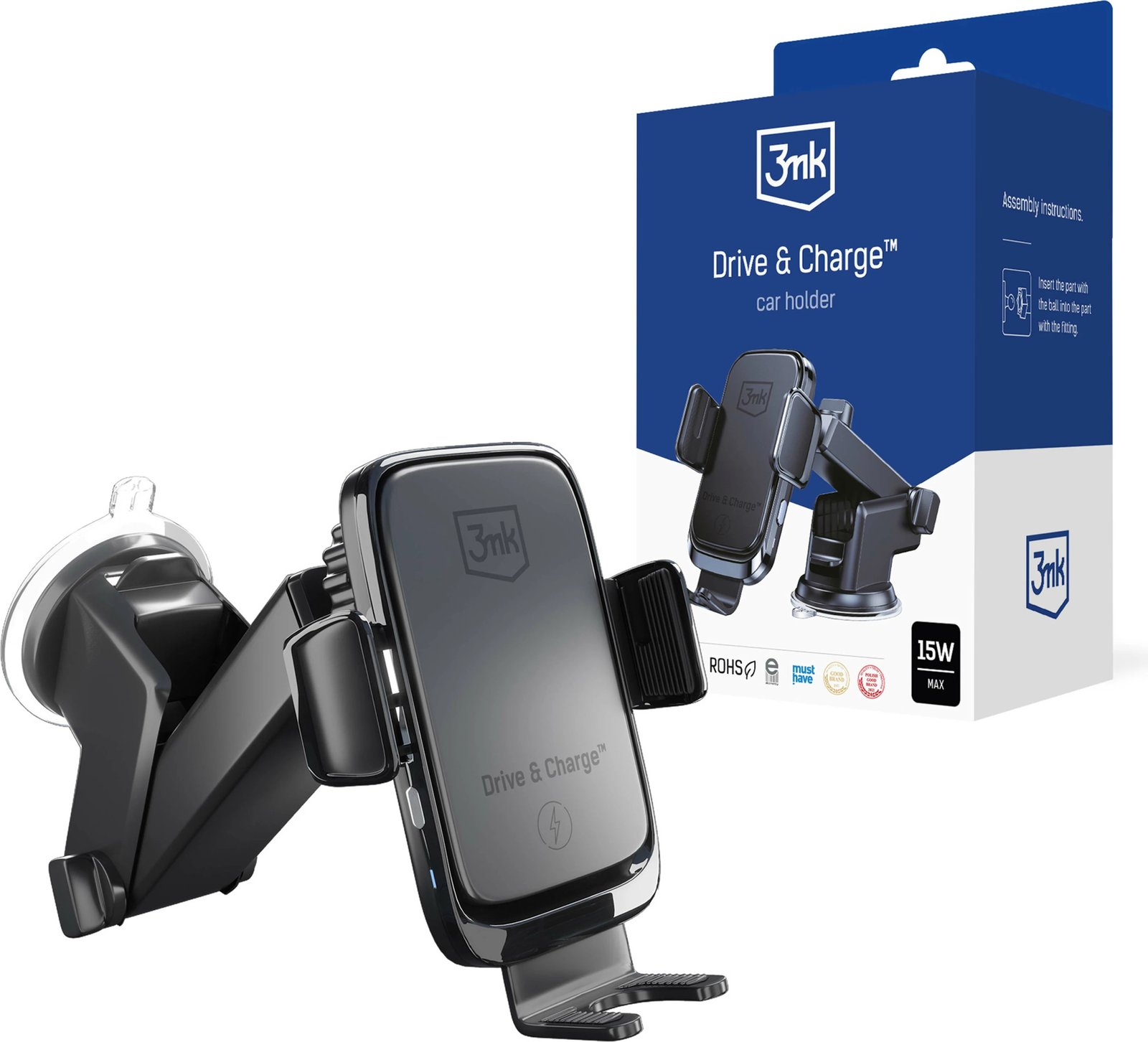 Mbështjellës veture me karikim wireless 3mk Drive & Charge, 15W, i zi