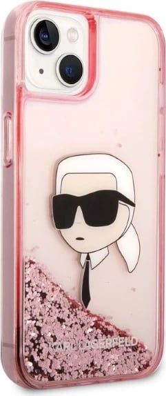 Mbështjellës Karl Lagerfeld Liquid Glitter Karl's Head për iPhone 14 Plus, Rozë