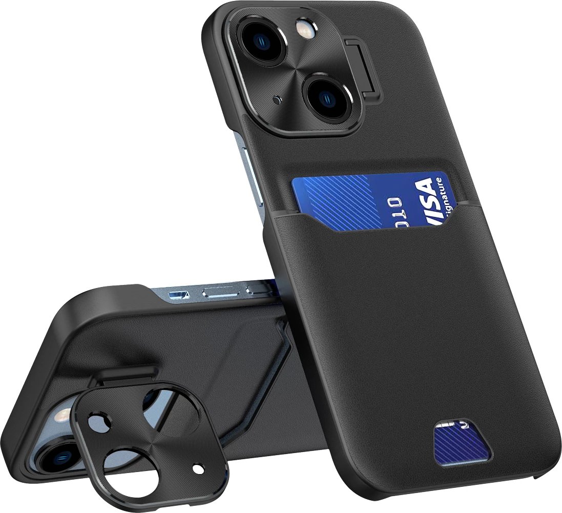 Mbështjellës Hurtel Leather Stand Case për iPhone 14 Plus, me xhep për kartela dhe mbajtëse, e zezë