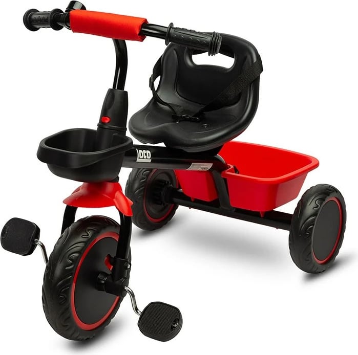 tricikletë fëmijësh, TOYZ, LOCO, për moshë 3-5 vjeç, kornizë metalike, rrota shkumë, 2 shporta, zile, sedilje e rregullueshme, e kuqe