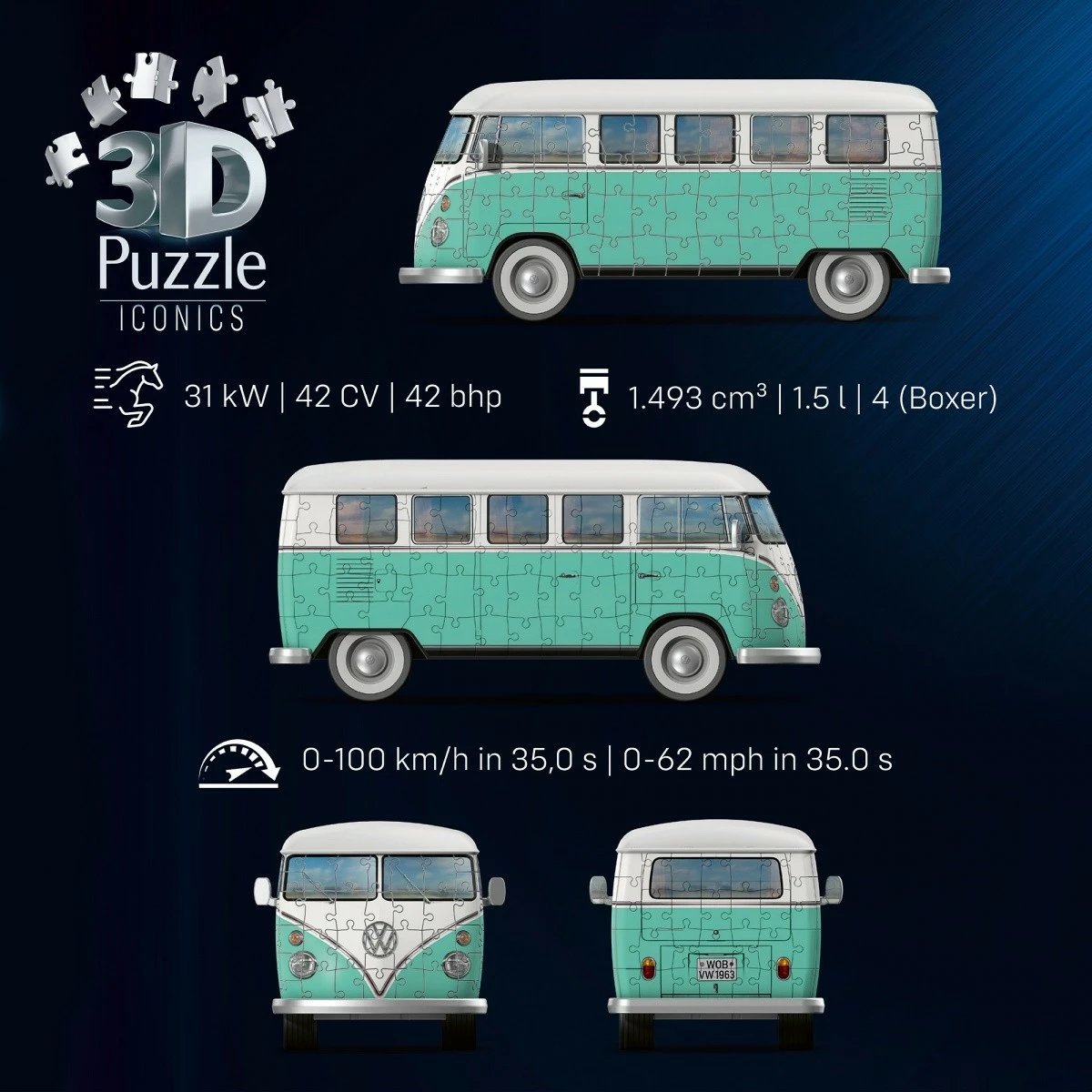 Puzzle 3D Ravensburger Volkswagen T1, 185 pjesë, plastikë, edicion i limitum