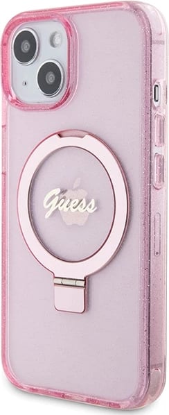 Mbështjellës Guess Ring Stand Script Glitter MagSafe për iPhone 15 Plus / 14 Plus, Rozë