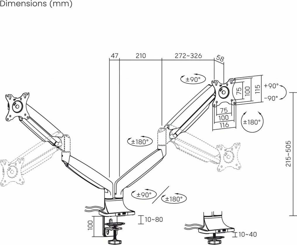 Mbajtëse tavoline me gaz për 2 monitorë ART RAMM L-36HD, 17-35", Metal, E zezë