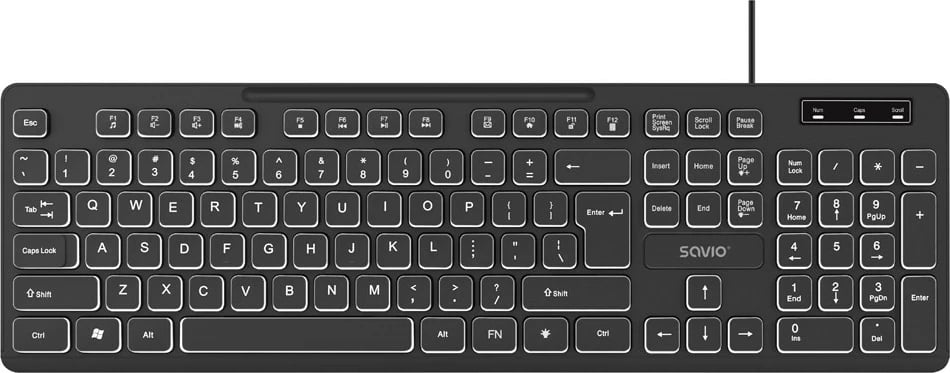 Tastierë me kabllo, Savio KB-04, US layout 104 taste, USB-A, LED ndriçim, e zezë