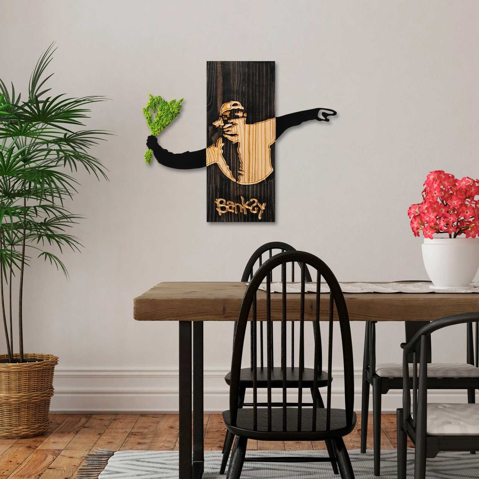 Aksesor muri dekorativ prej druri, Wallity, Banksy - Flower Thrower 2, ngjyrë e zezë, arre, e gjelbër, 69x58x3cm