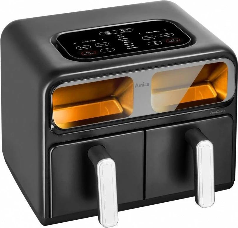 Fritezë me ajër, Amica, AFM 7020, me dy dhoma, 8 L, 2400 W, panel me prekje, dritare vëzhgimi, e zezë