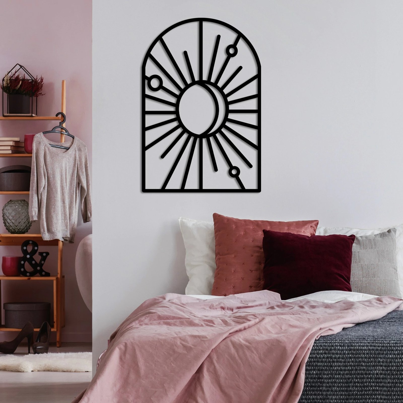 Aksesor dekorativ metalik për mur, dizajn dritare dhe hënë, ngjyrë e zezë, madhësia L