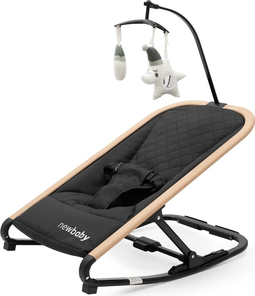 Karrige lëkundëse bebe, New Baby, Snuggle, shpinore e rregullueshme, me hark lodrash, deri 9 kg, e zezë