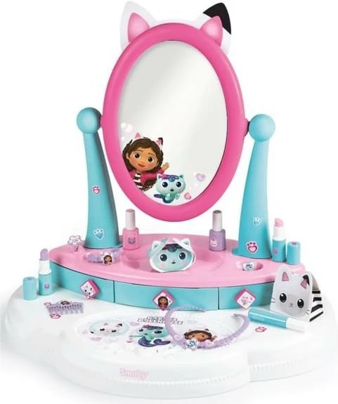 Tavolinë grimi për fëmijë Smoby Gabby's Dollhouse, me 12 aksesorë, Rozë/Kaltër/E bardhë