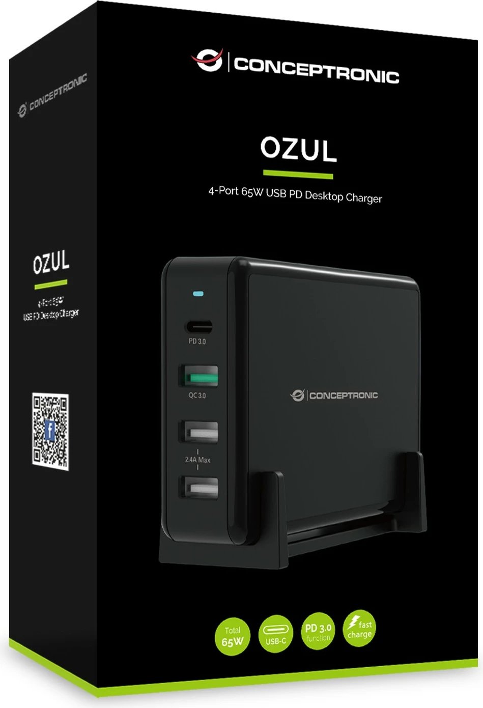 Karikues tavoline Conceptronic 4 porta, 65W, 3x USB-A, 1x USB-C, i zi