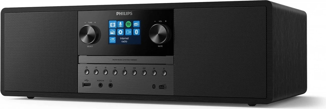Sistem hi-fi mikro Philips TAM6805/10, internet radio me Wi‑Fi, Spotify Connect, Bluetooth 4.2, CD player, USB riprodhim dhe karikim, 50 W, e zezë, set me telekomandë dhe antenë FM