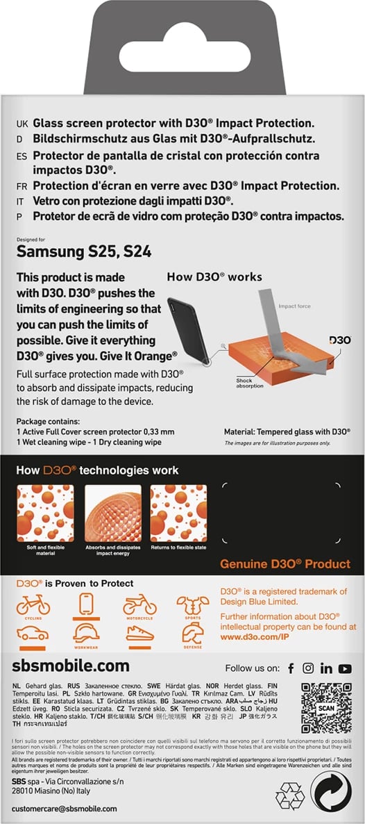 Xham mbrojtës SBS Tempered Glass D3O me kornizë për Samsung Galaxy S25+ / S24+
