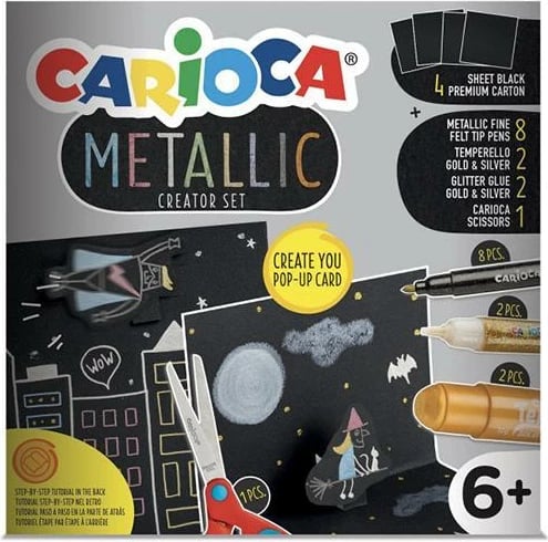 Set krijues Carioca për kartolina pop-up, 8 markerë metalikë, 2 temperello, 2 ngjitës me shkëlqim, Gërshërë, Kartonë të zi Set krijues Carioca për kartolina pop-up, 8 markerë metalikë, 2 temperello, 2 ngjitës me shkëlqim, Gërshërë, Kartonë të zi