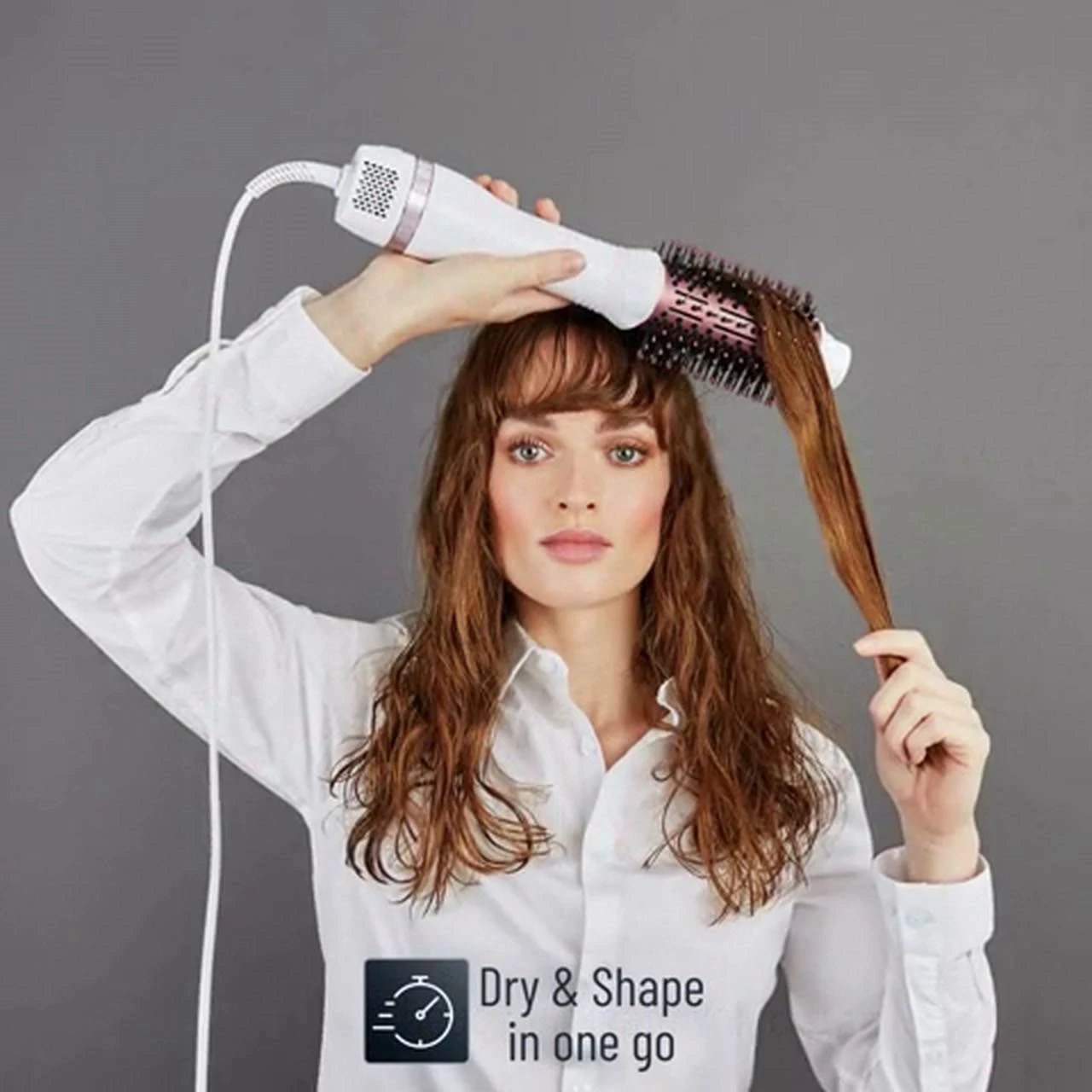 Furçë flokësh me ajër të nxehtë, Rowenta CF6135F0 Volumizer 3D, furçë ovale XL, jonizim, e bardhë/rozë