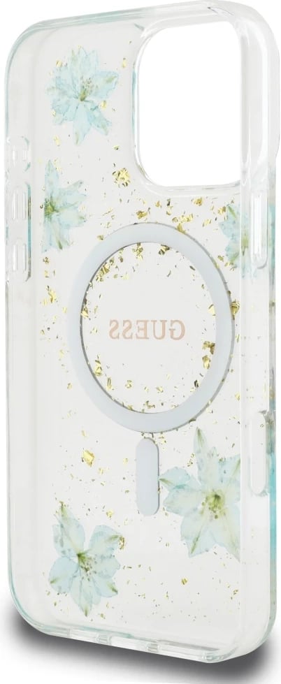 Mbështjellës Guess Resin Flowers Glitter MagSafe për iPhone 16 Pro, Transparent/Turkeze