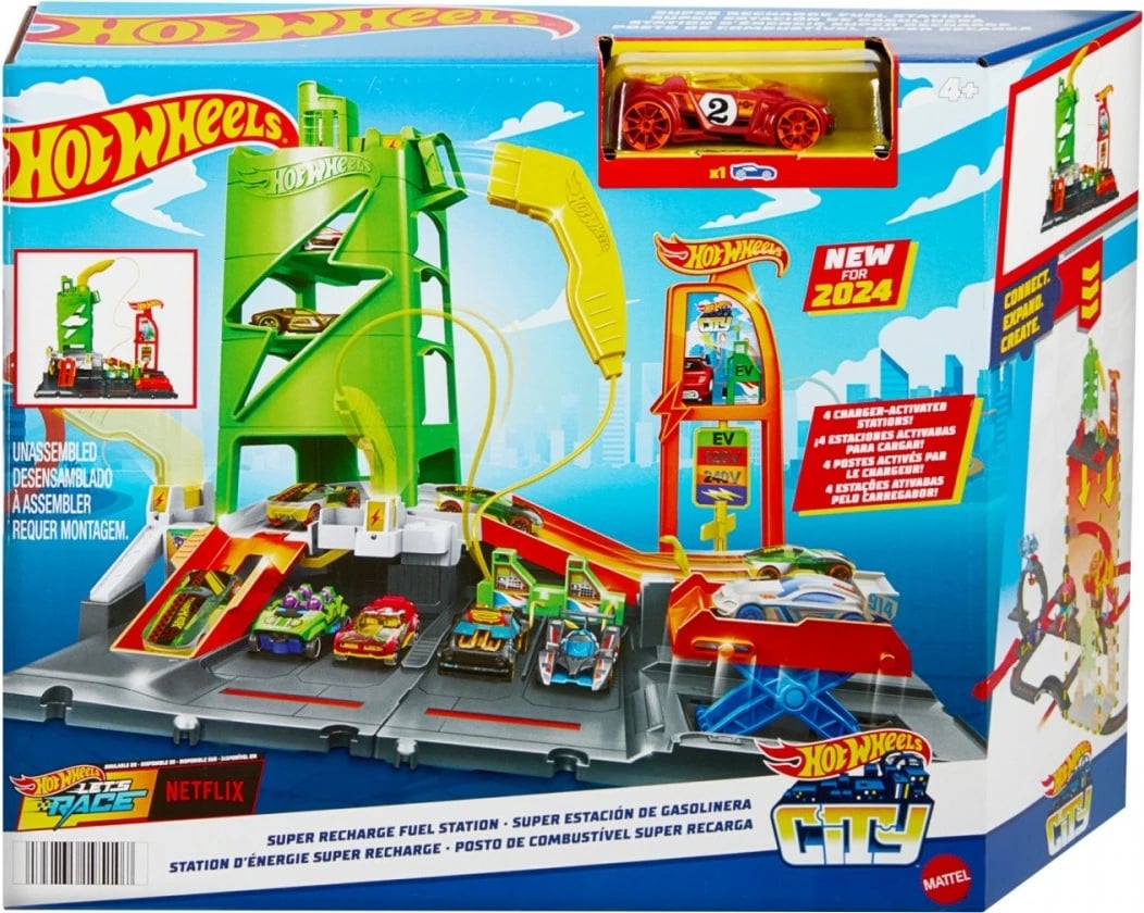 Set pistë makinash, Hot Wheels City Superstation Let’s Race, HTN79, për makina 1:64, me ashensor dhe lëshues, shumëngjyrë, set
