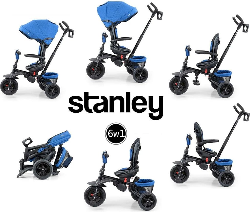 Tricikël me shufër drejtuese, Milly Mally Stanley 6-in-1, sedilje rrotulluese 360°, rrota gome, dorezë shtytëse e rregullueshme, canopy palosës, shportë – blu-zi