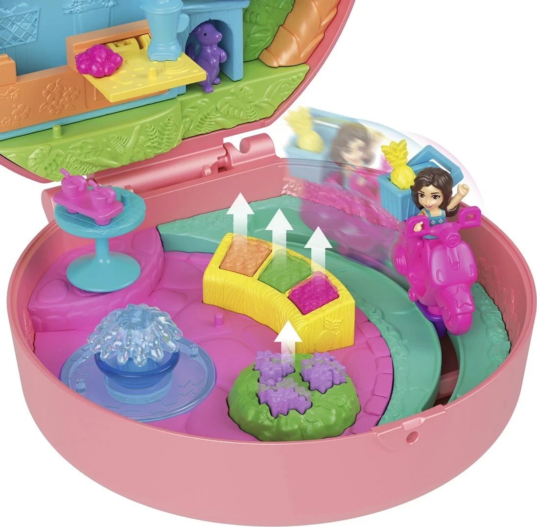 Set lodrash Polly Pocket Adventure Moped Compact me 2 kukulla të vogla dhe kafshë lodër, shumëngjyrëshe