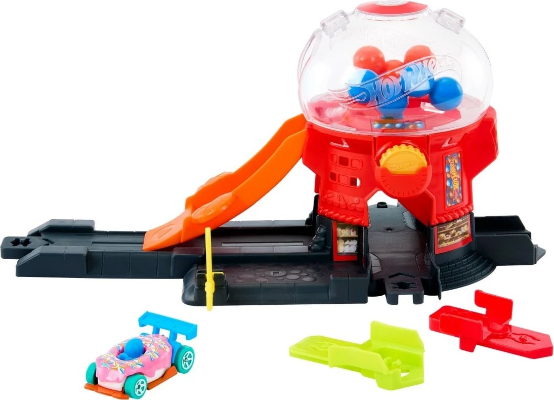 Set pistë veturash Hot Wheels City Shop Bubble Gum me makinë lodër 1:64, shumëngjyrëshe