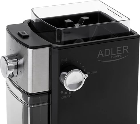 bluarëse kafe me rrota metalike, Adler AD 4448, hinkë 250g, depozitë 100g, rregullim i imtësisë dhe 2–12 porcione, 150W (300W max), e zezë/inox bluarëse kafe me rrota metalike, Adler AD 4448, hinkë 250g, depozitë 100g, rregullim i imtësisë dhe 2–12 porcione, 150W (300W max), e zezë/inox