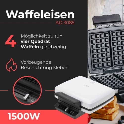 Aparat waffle, Adler AD 3085, 1200-1800W, pllaka jo-ngjitëse, kontroll temperature, 2x 9x15 cm, e bardhë