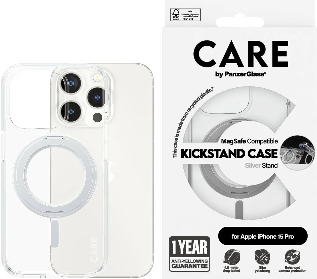 Mbështjellës PanzerGlass CARE Case me kickstand & MagSafe për iPhone 15 Pro, transparent