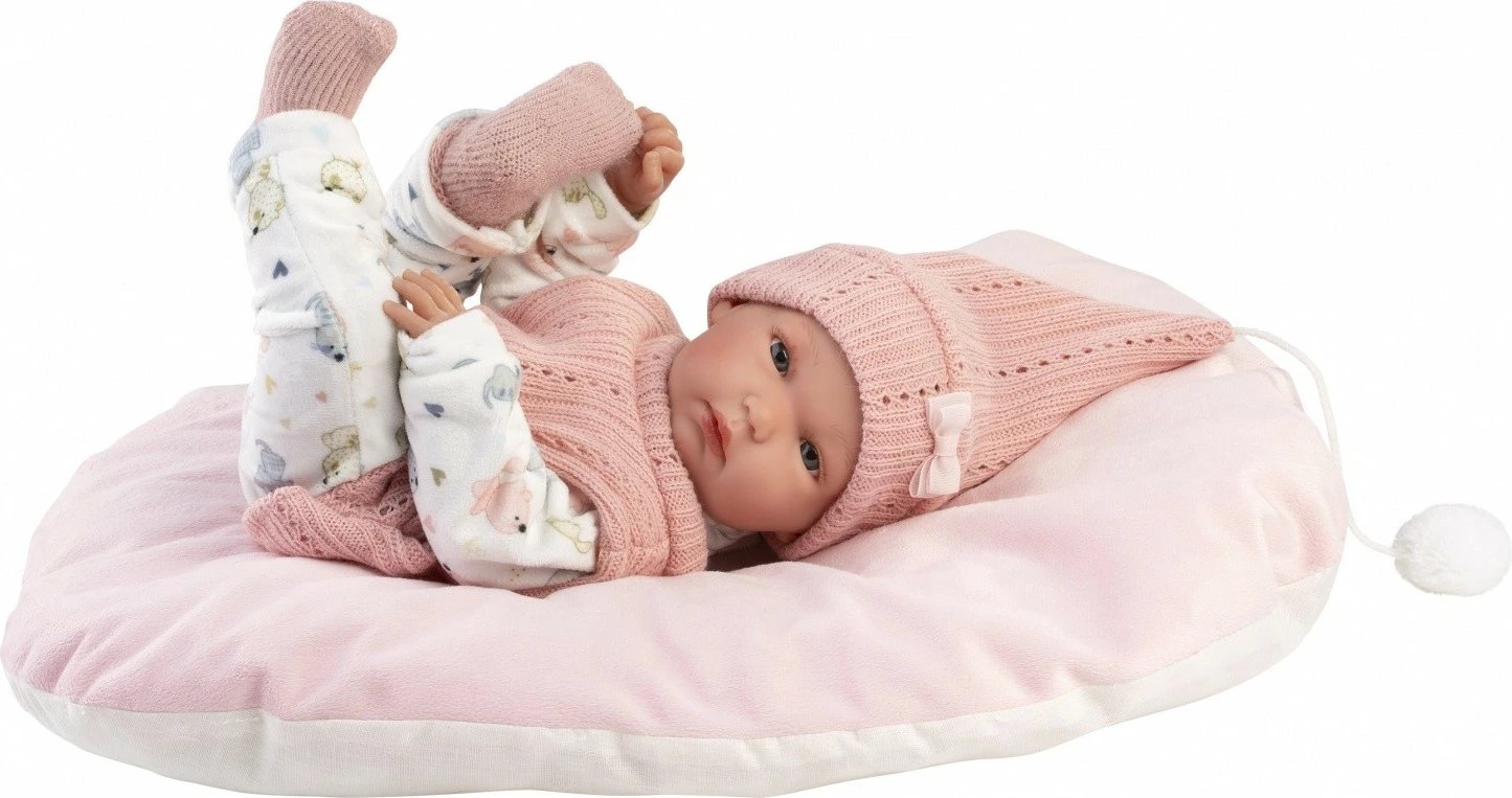 kukull vinili, Llorens, 63504 Bimba, 35 cm, gjymtyrë dhe kokë lëvizëse, set me veshje 4 pjesë + jastëk + cicë, rozë