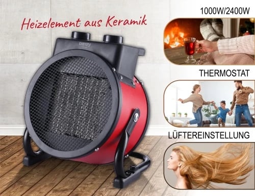 Ngrohës me ventilator qeramik, Camry CR 7743, 2400W, 2 nivele 1000/2400W, termostat, kënd fryrjeje vertikale 90°, i kuq