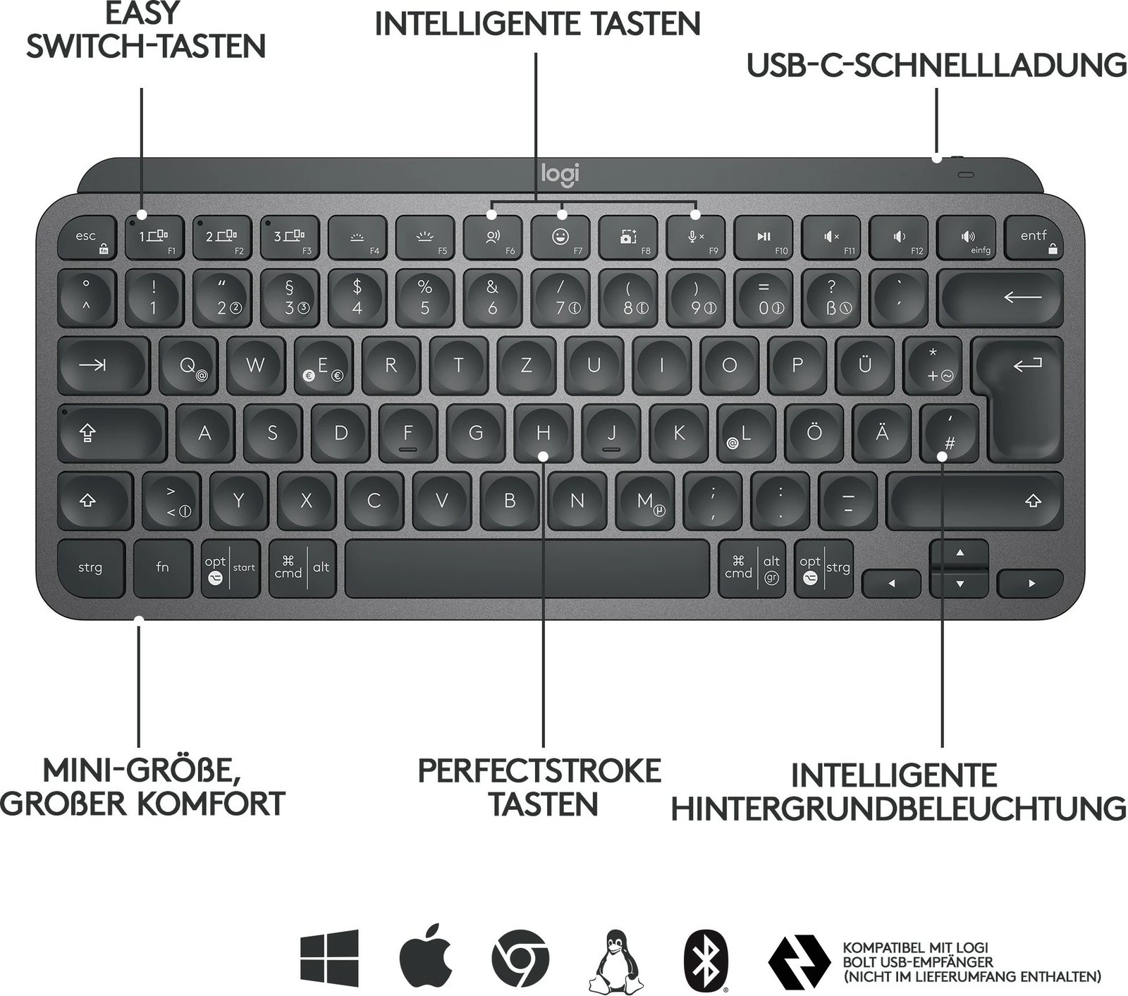 Tastierë Logitech MX Keys Mini, wireless, e ndriçuar, gri e errët