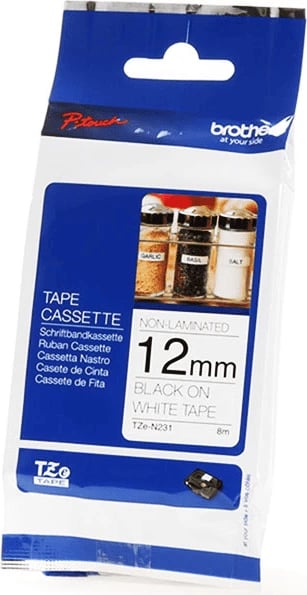 Shirit etiketa Brother TZe-N231, 12 mm 8 m, jo i laminuar, zi në të bardhë