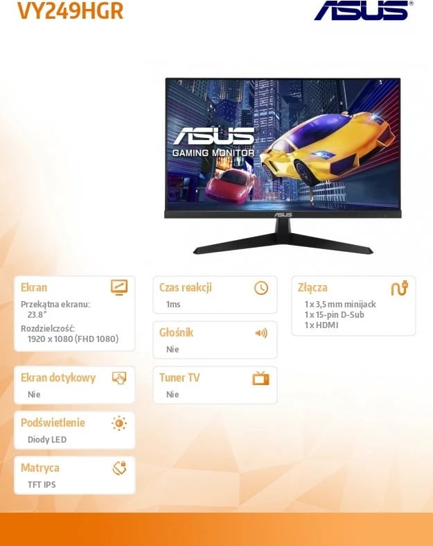 Monitor Asus VY249HGR, 23.8", FHD, IPS, 120Hz, 1ms, i zi