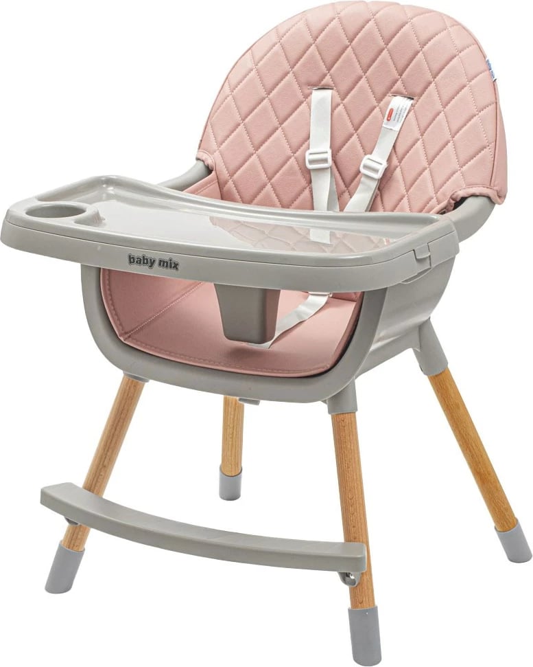 karrige ushqimi e lartë, Baby Mix, Freja, 2-në-1 e kthyeshme në karrige të ulët, tabaka dyshe e rregullueshme, këmbë druri, rrip 5-pikësh, rozë e zbehtë