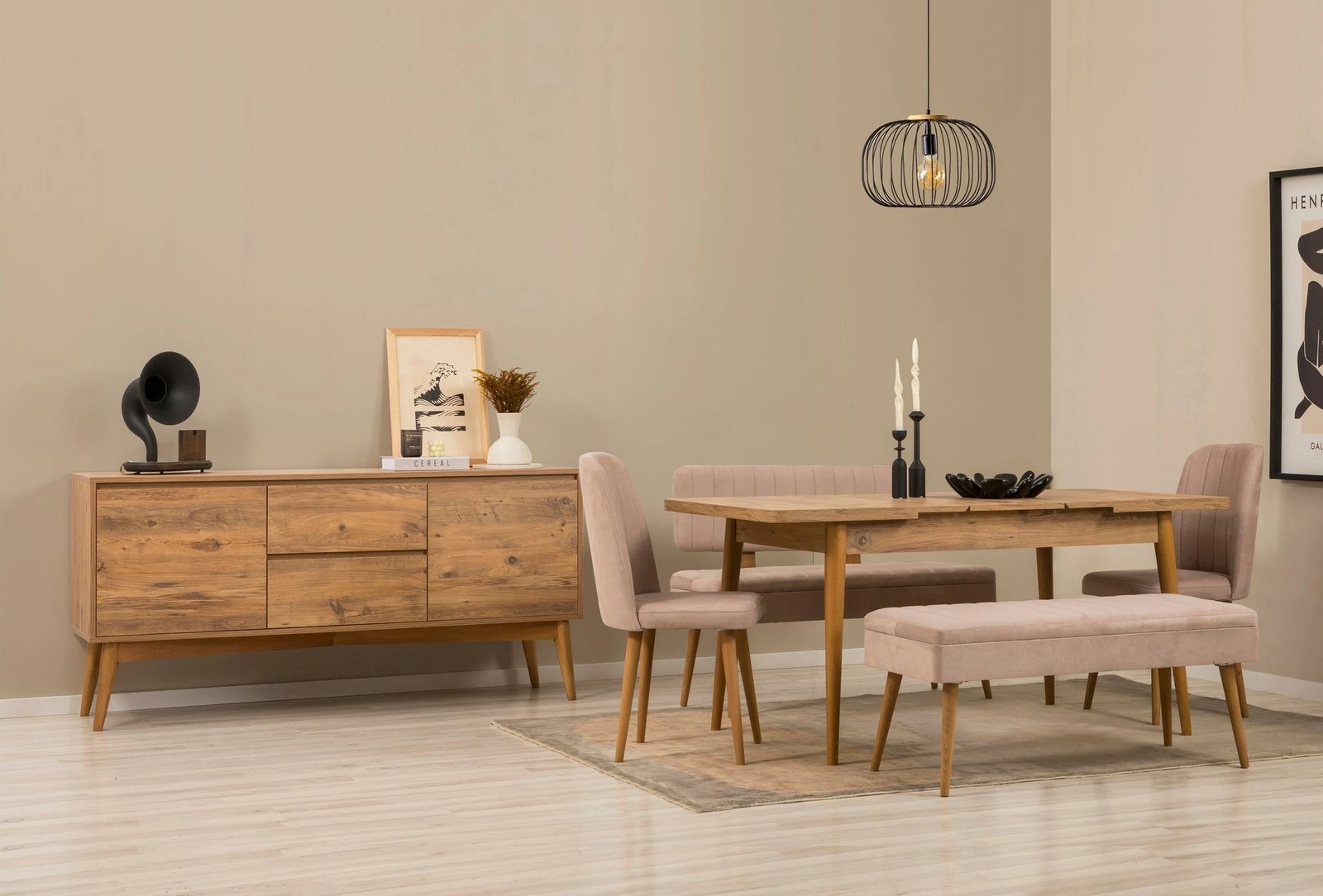 Set tavoline me karrige, bankë, konsolë, zgjatje, 6 pjesë, Skye Decor, Vina Bench 04 0900, ngjyrë Atlantic Pine, Stone