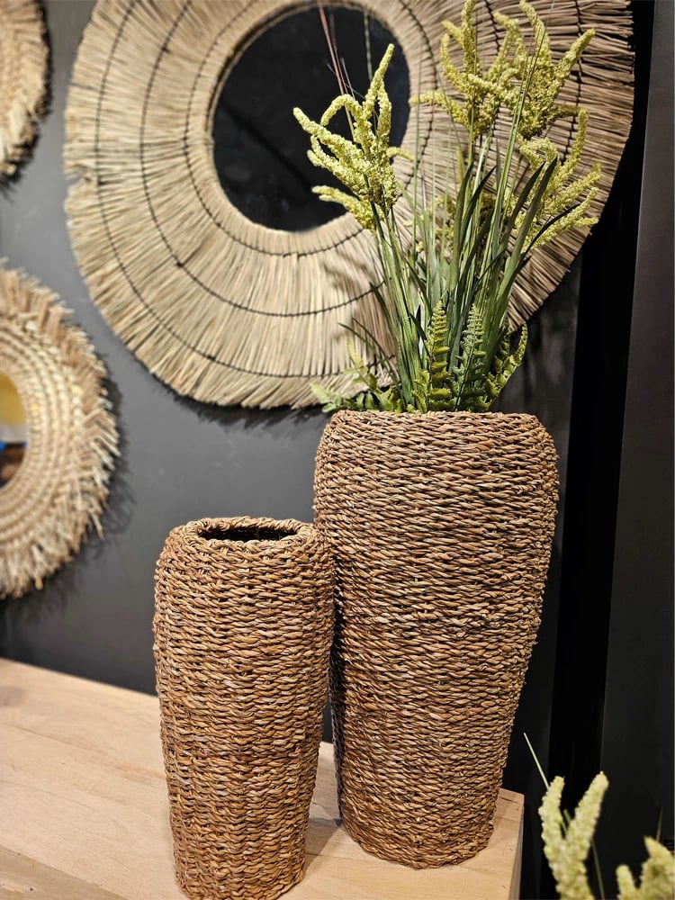 Set 3 copë vazo të gjata NEREA, kashtë deti, metal, 43x43x70