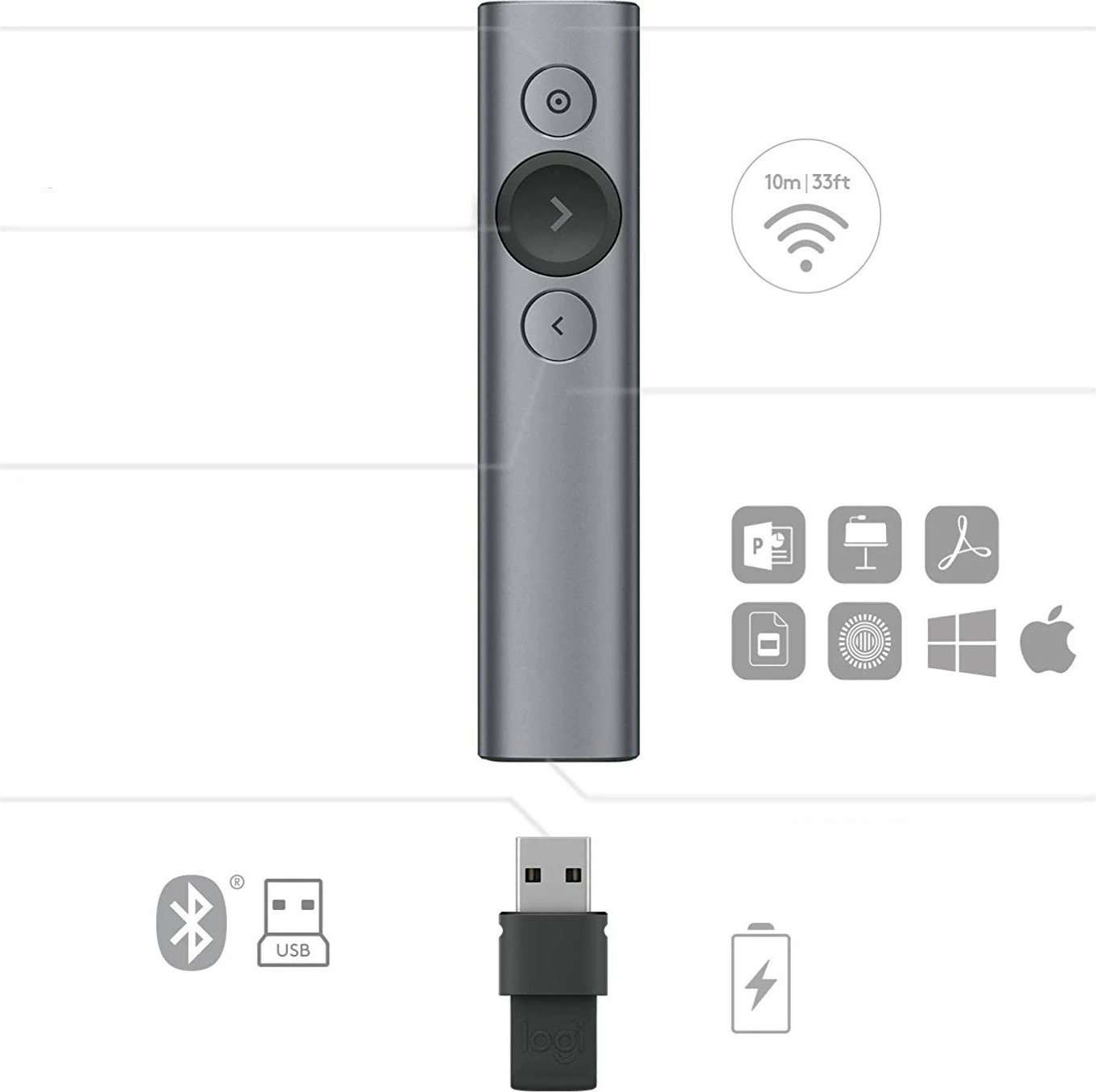 Telekomandë prezantimi Logitech Spotlight, Bluetooth/RF, USB, 30 m, Gri Telekomandë prezantimi Logitech Spotlight, Bluetooth/RF, USB, 30 m, Gri