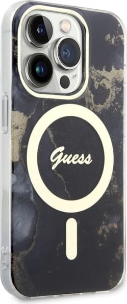 Mbështjellës Guess GUHMP14XHTMRSK për iPhone 14 Pro Max 6.7", Golden Marble, MagSafe, zi