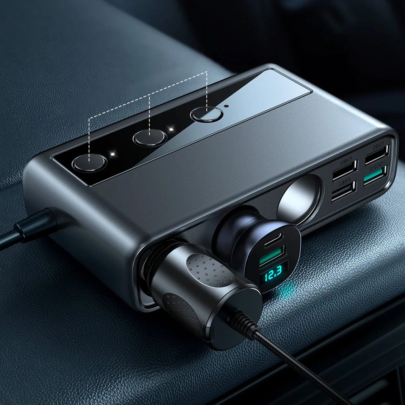 Karikues veture Joyroom JR-CL06, 9 porte, 154W, 5x USB-A/USB-C, 3x dalje çakmaku, e zezë