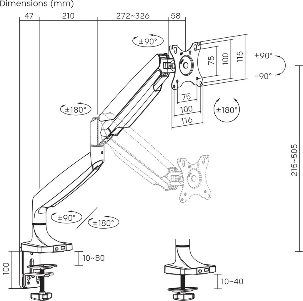 Mbajtës monitori Maclean, krah i dyfishtë, gas spring, 17", 16 kg, Argjendtë