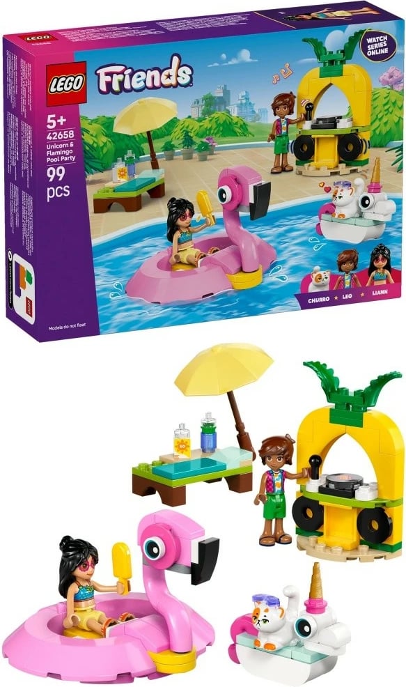 Set ndërtimi LEGO Friends 42658, Festa në pishinë me njëbrirësh dhe flamingo, 99 pjesë